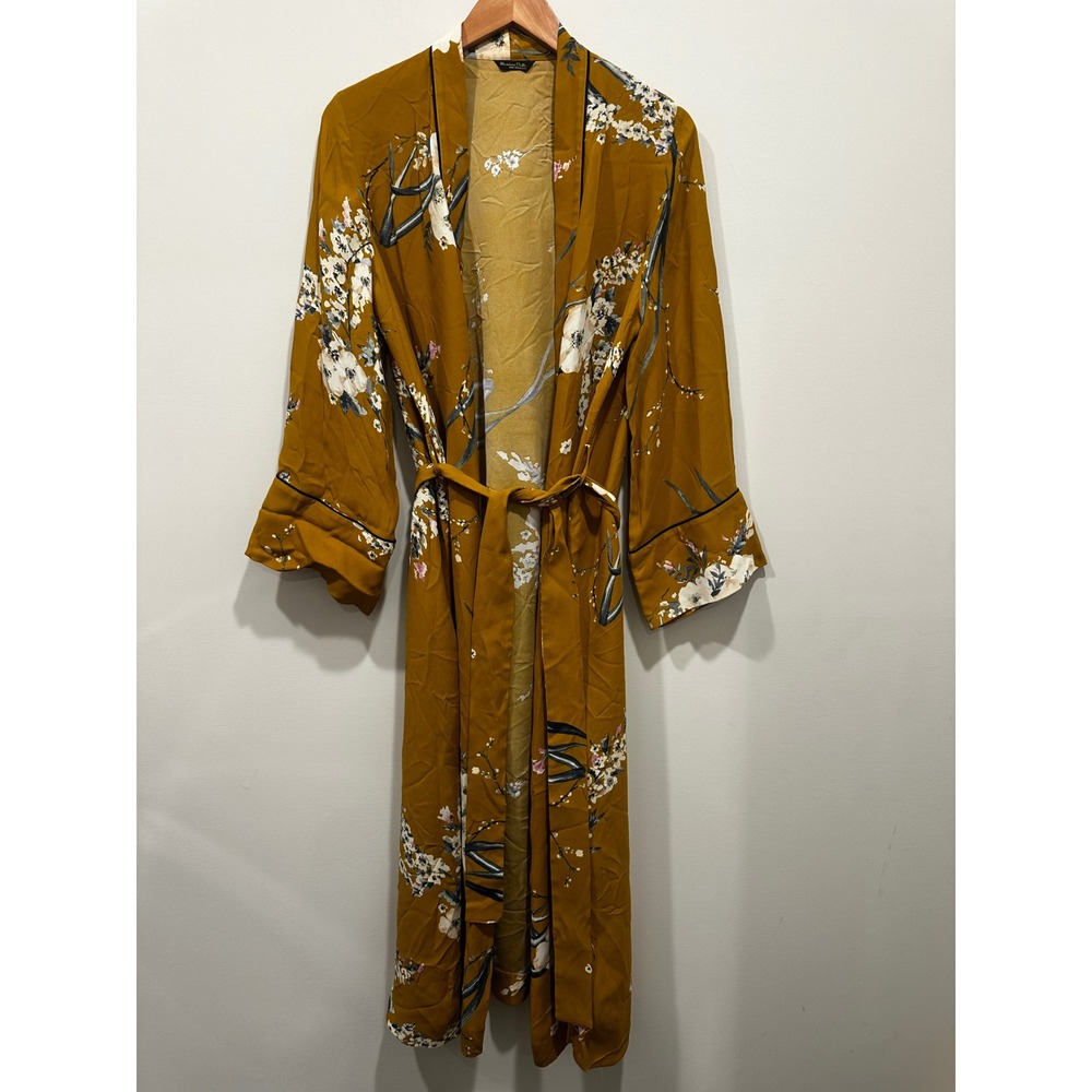 Massimo Dutti Mustard Yellow Floral Wrap Robe Belted Long Kimono Jacket Large